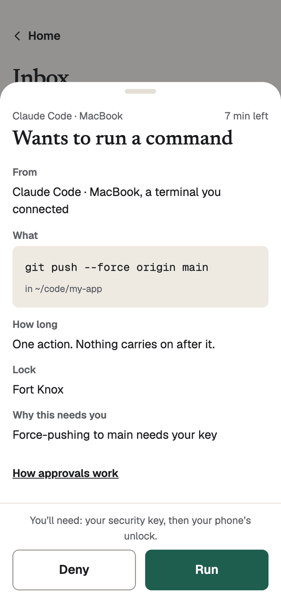 An ask to run a command: who asks, what, how long it has, Deny and Run