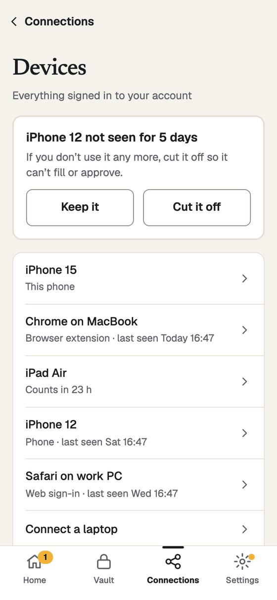 The Devices screen